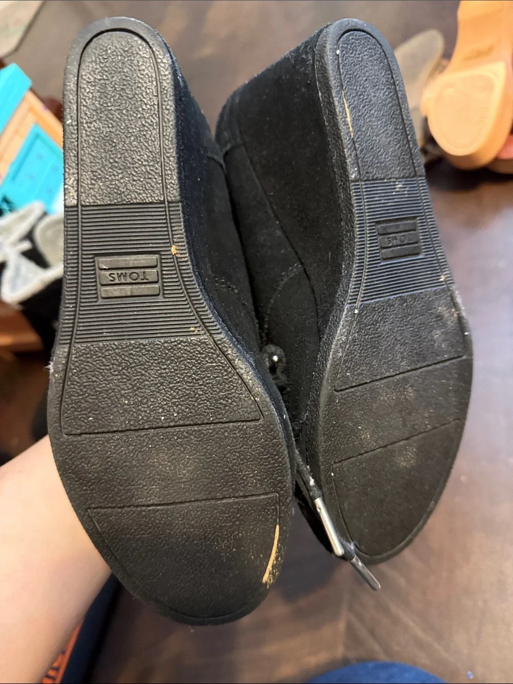 Toms Black Suede Wedge Lace-Up Booties